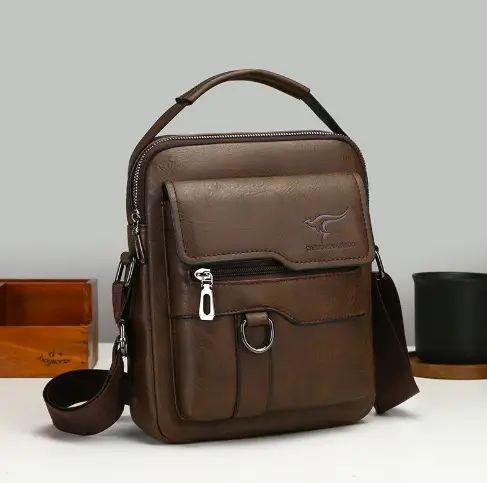 Men's Black Leather Crossbody Shoulder Bag with Zip Pockets - Image 2
