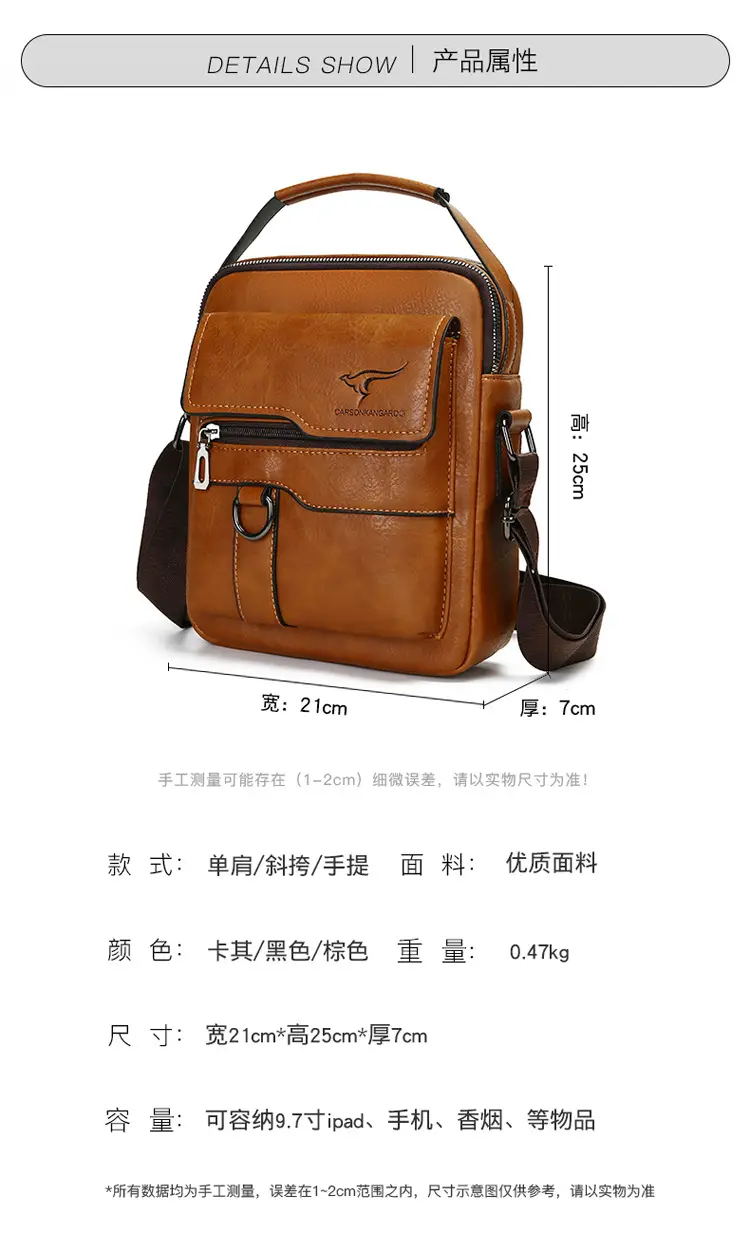 Men's Black Leather Crossbody Shoulder Bag with Zip Pockets — feature 1