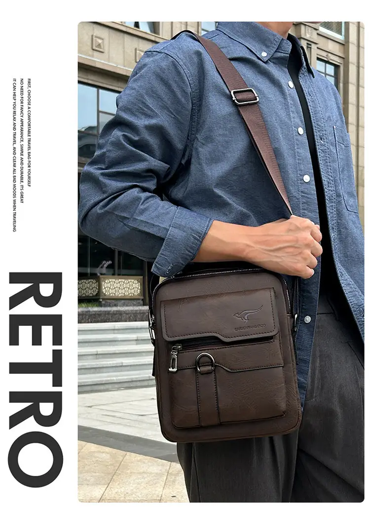 Men's Black Leather Crossbody Shoulder Bag with Zip Pockets — feature 10