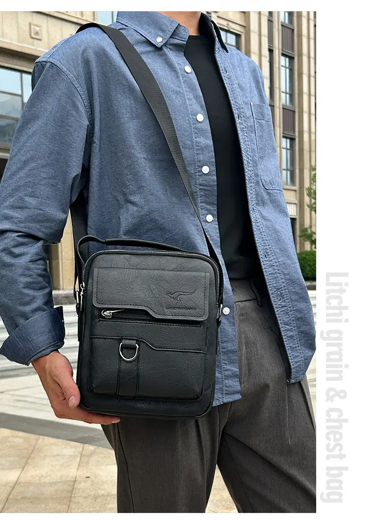 Men's Black Leather Crossbody Shoulder Bag with Zip Pockets — feature 11
