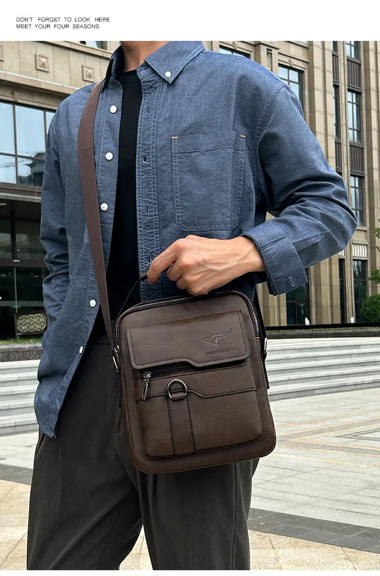 Men's Black Leather Crossbody Shoulder Bag with Zip Pockets — feature 12