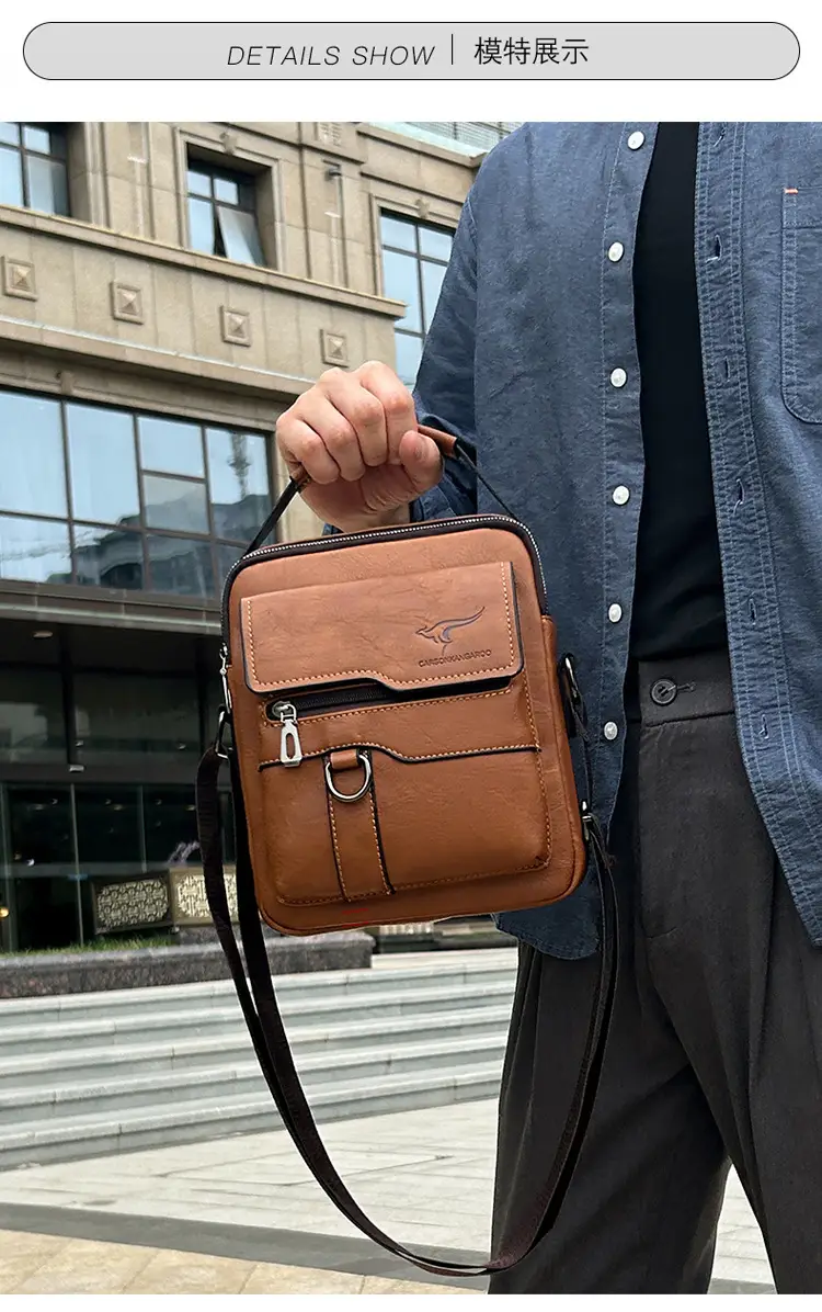 Men's Black Leather Crossbody Shoulder Bag with Zip Pockets — feature 13