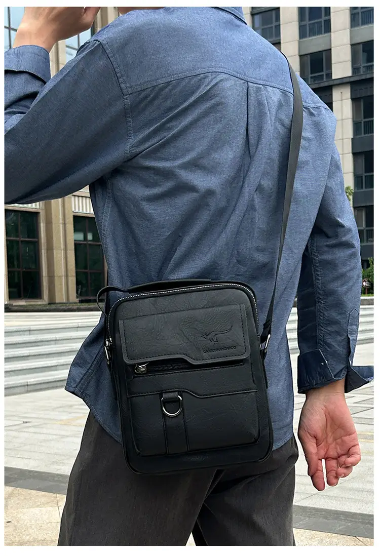 Men's Black Leather Crossbody Shoulder Bag with Zip Pockets — feature 14