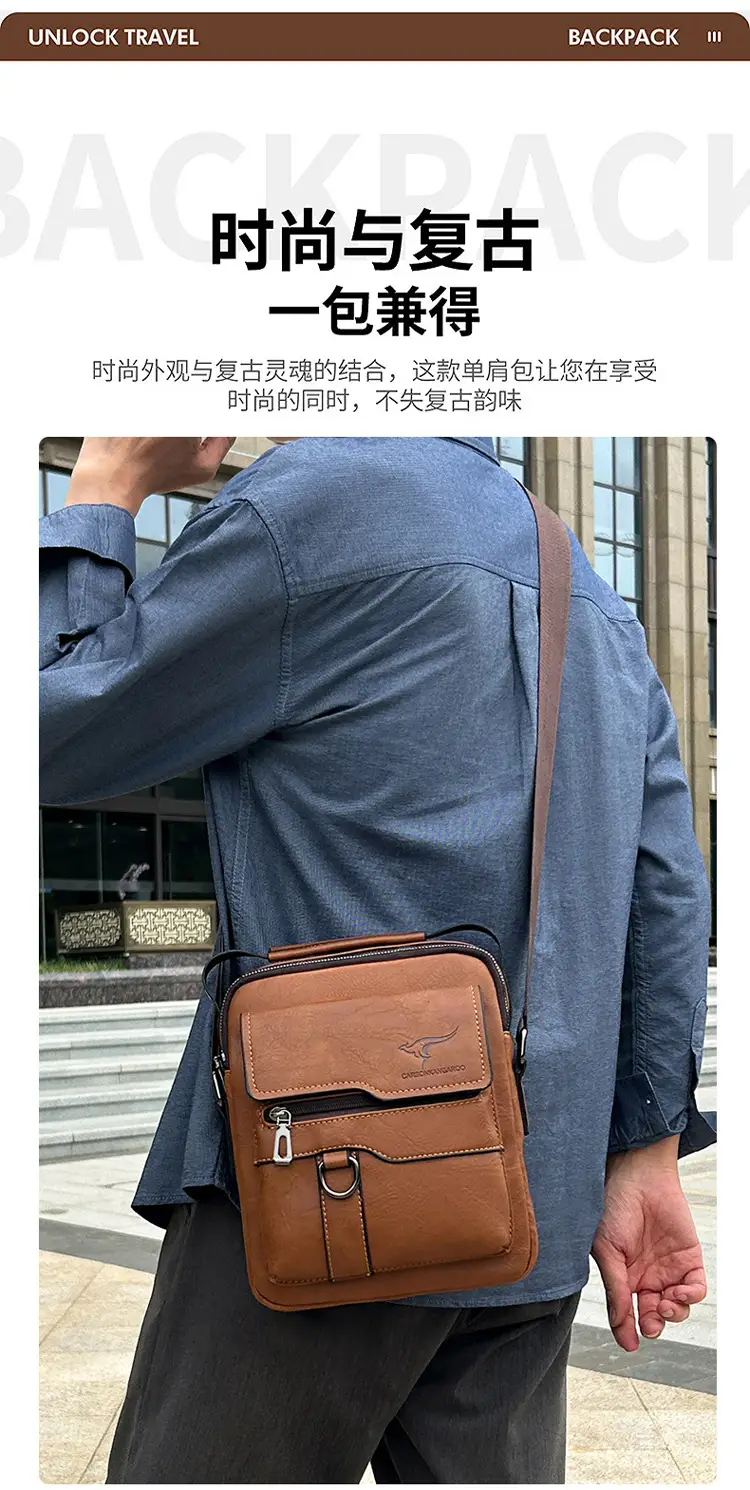 Men's Black Leather Crossbody Shoulder Bag with Zip Pockets — feature 15