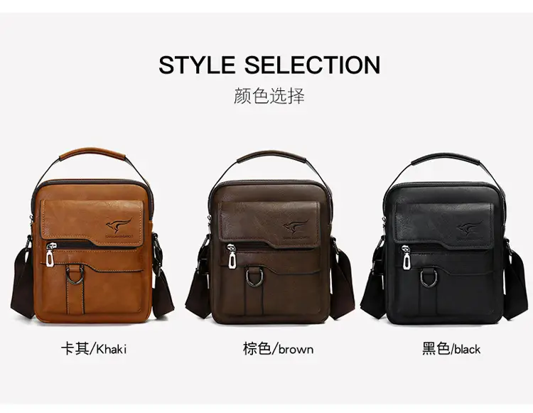 Men's Black Leather Crossbody Shoulder Bag with Zip Pockets — feature 2