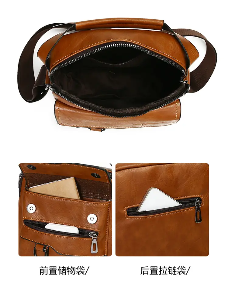 Men's Black Leather Crossbody Shoulder Bag with Zip Pockets — feature 5