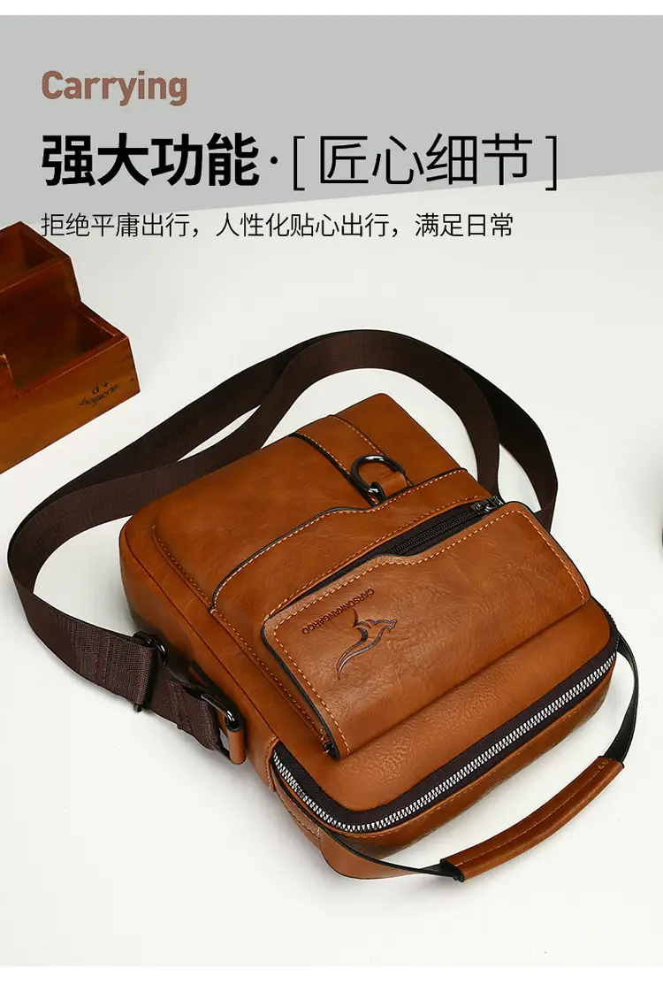 Men's Black Leather Crossbody Shoulder Bag with Zip Pockets — feature 6