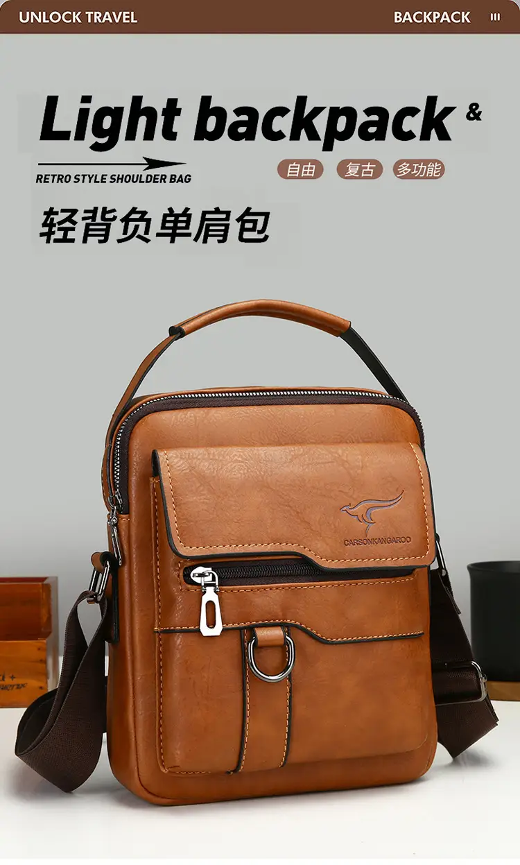 Men's Black Leather Crossbody Shoulder Bag with Zip Pockets — feature 8