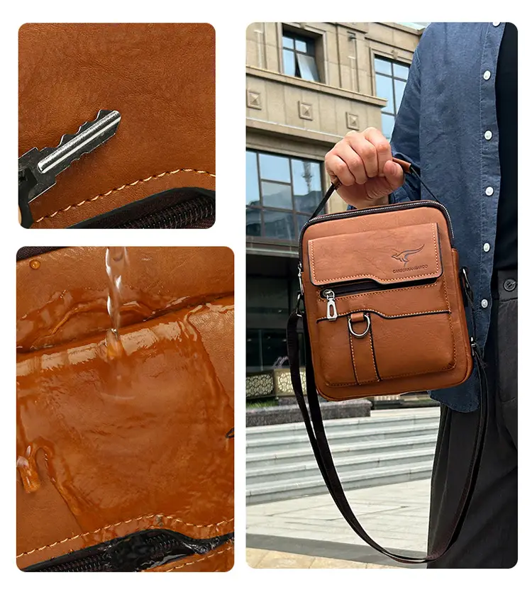 Men's Black Leather Crossbody Shoulder Bag with Zip Pockets — feature 9