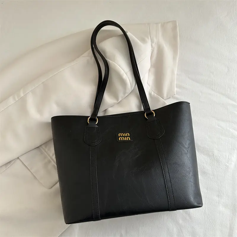 Women's Black Leather Tote Bag with Shoulder Strap - Image 2