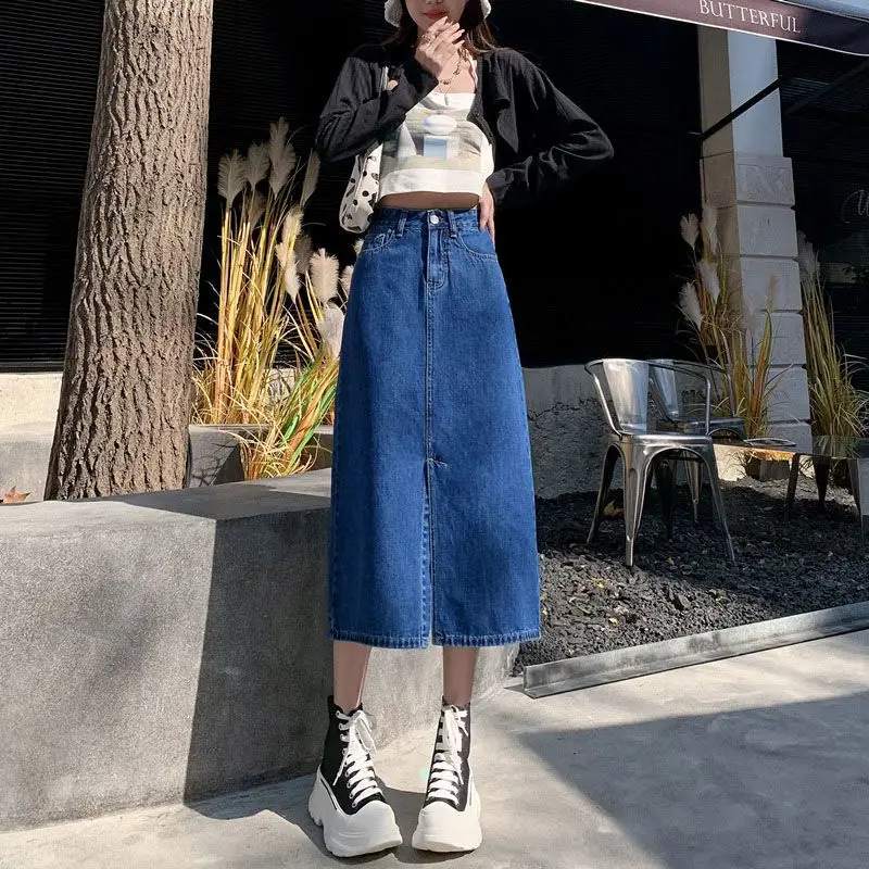 Dark Blue Denim Hip Skirt with Front Split & High Waist