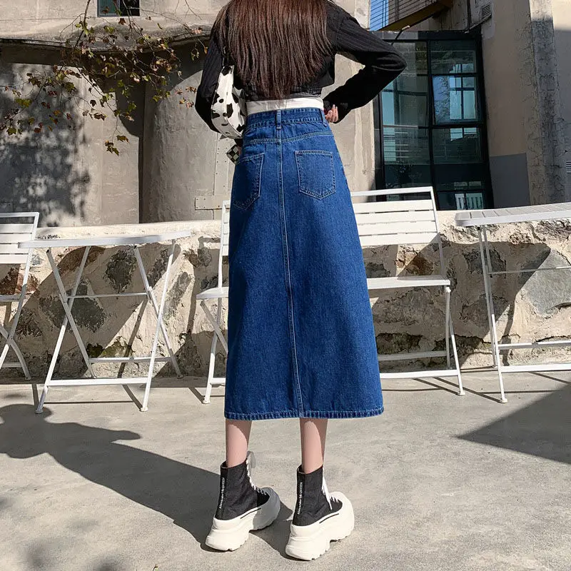 Dark Blue Denim Hip Skirt with Front Split & High Waist