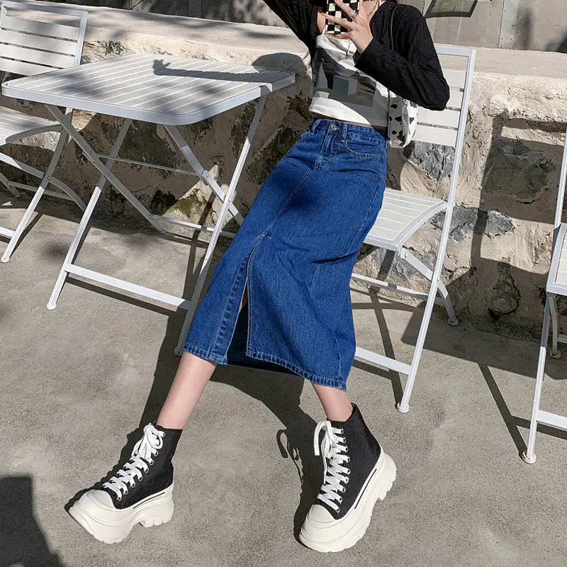 Dark Blue Denim Hip Skirt with Front Split & High Waist