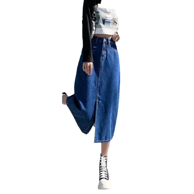 Dark Blue Denim Hip Skirt with Front Split & High Waist