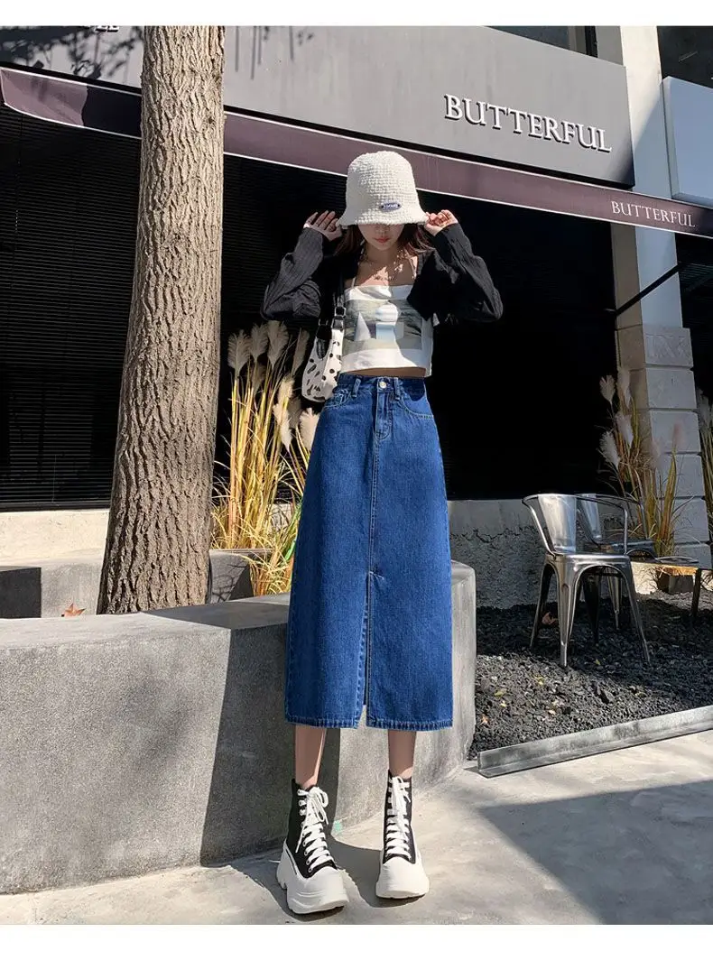 Dark Blue Denim Hip Skirt with Front Split & High Waist — feature 10