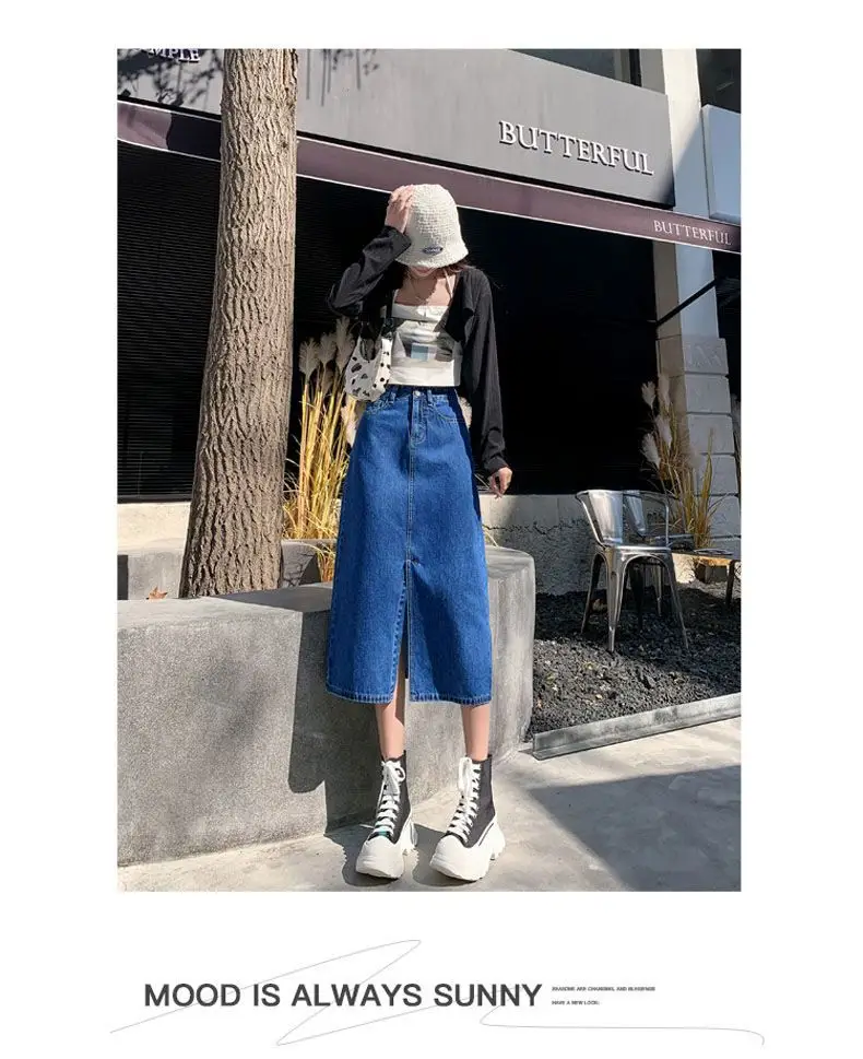 Dark Blue Denim Hip Skirt with Front Split & High Waist — feature 11