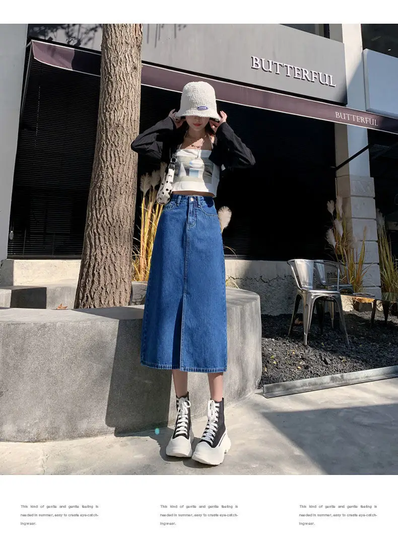 Dark Blue Denim Hip Skirt with Front Split & High Waist — feature 12