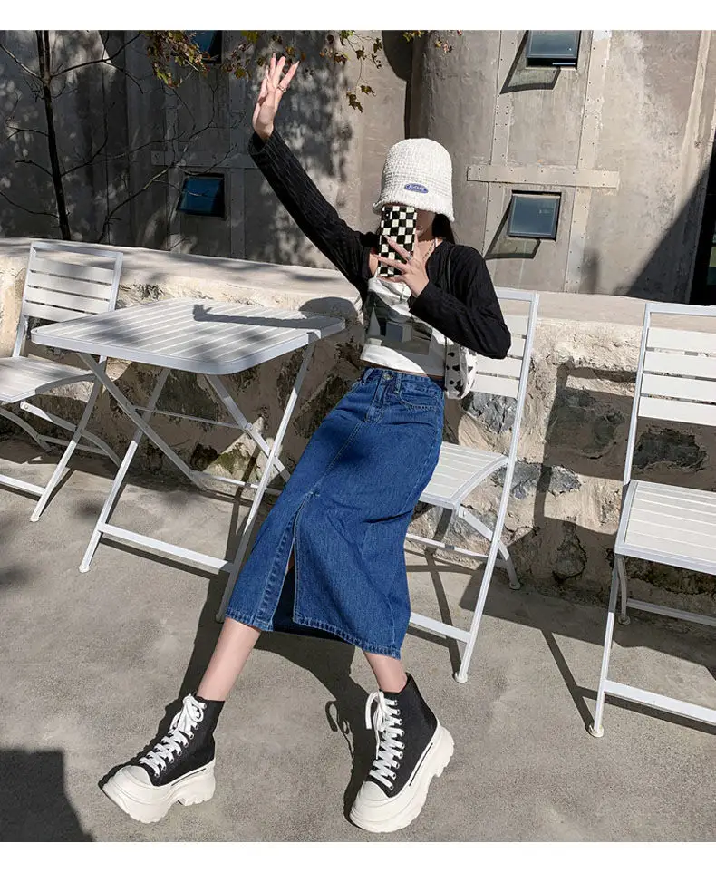 Dark Blue Denim Hip Skirt with Front Split & High Waist — feature 13