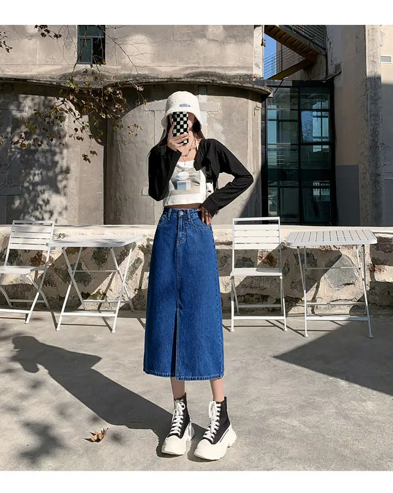 Dark Blue Denim Hip Skirt with Front Split & High Waist — feature 14