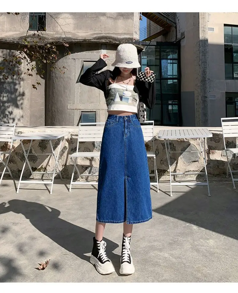 Dark Blue Denim Hip Skirt with Front Split & High Waist — feature 15
