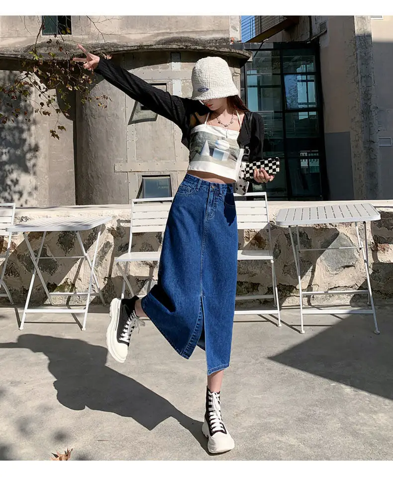 Dark Blue Denim Hip Skirt with Front Split & High Waist — feature 16