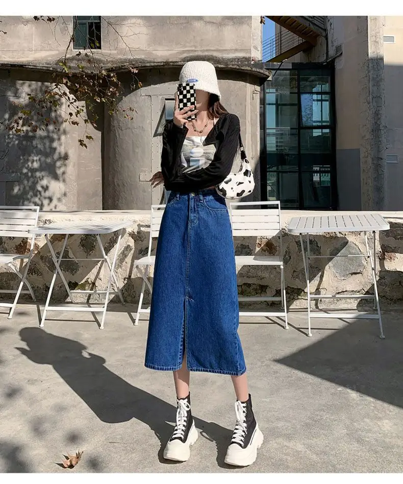 Dark Blue Denim Hip Skirt with Front Split & High Waist — feature 17