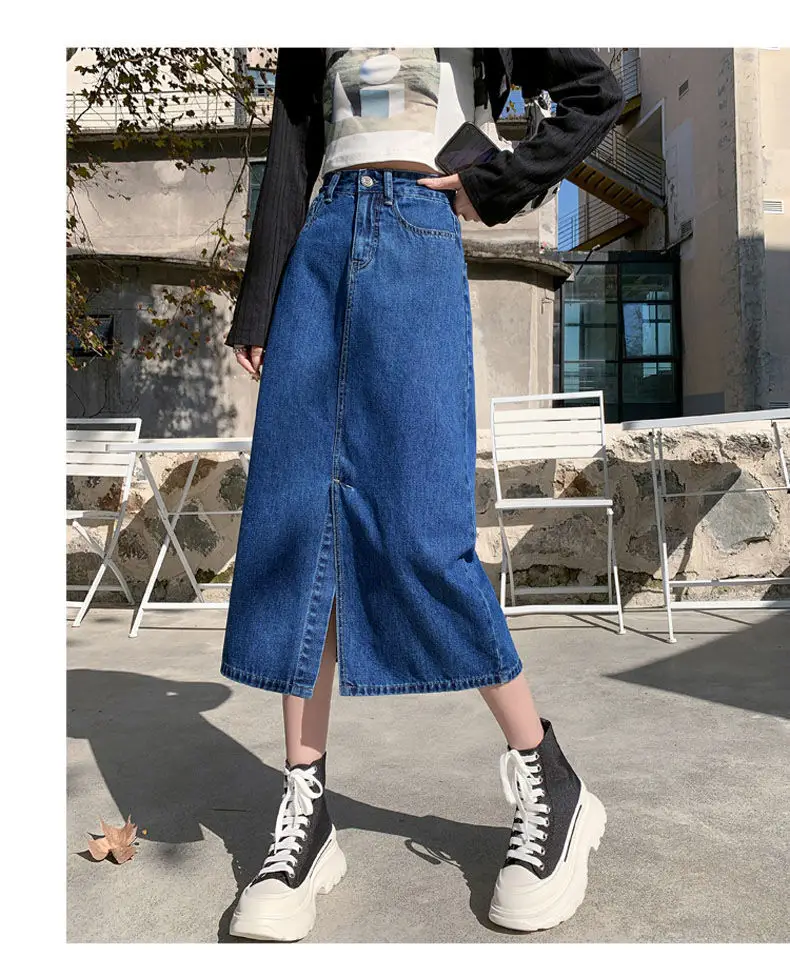 Dark Blue Denim Hip Skirt with Front Split & High Waist — feature 18