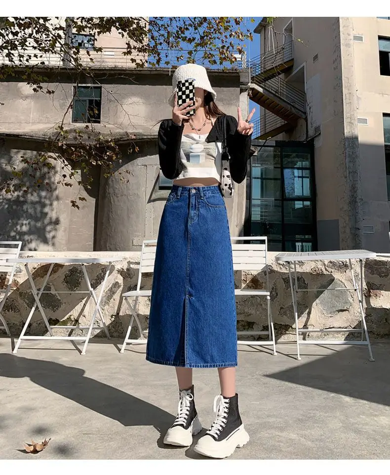 Dark Blue Denim Hip Skirt with Front Split & High Waist — feature 19