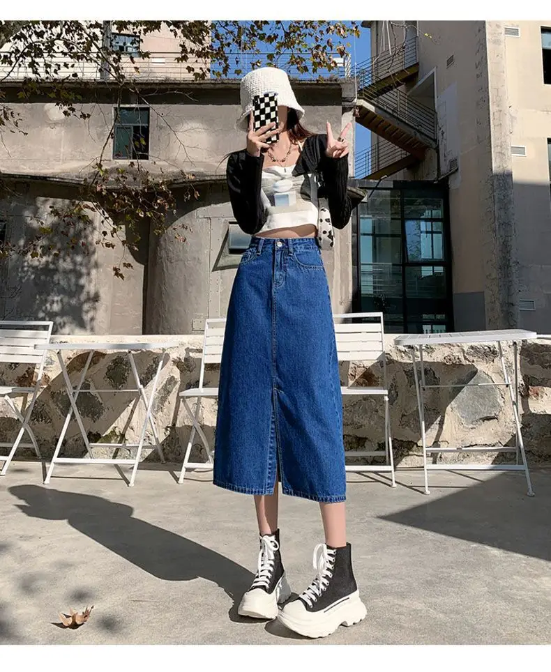 Dark Blue Denim Hip Skirt with Front Split & High Waist — feature 20