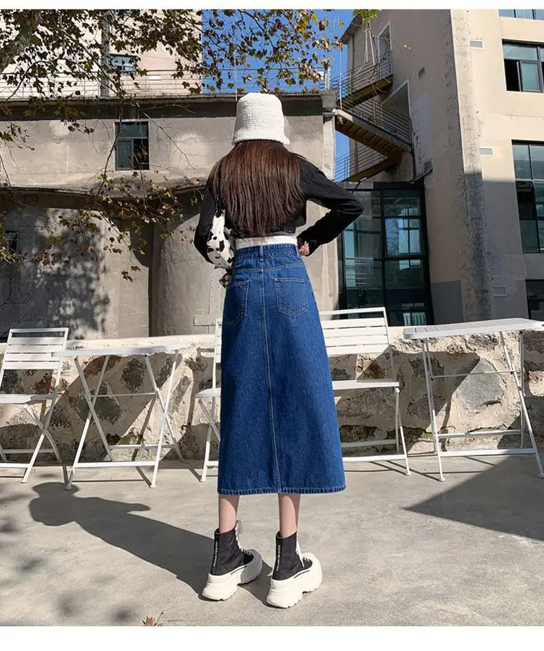 Dark Blue Denim Hip Skirt with Front Split & High Waist — feature 21