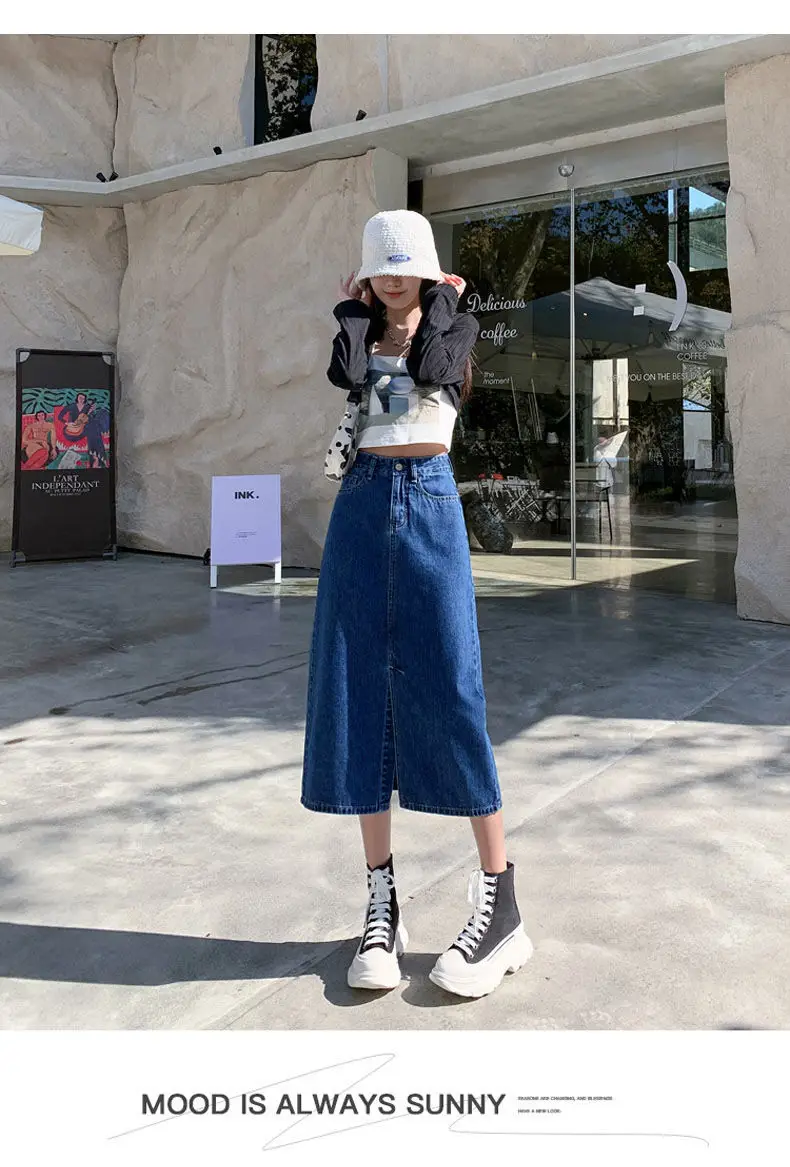 Dark Blue Denim Hip Skirt with Front Split & High Waist — feature 6