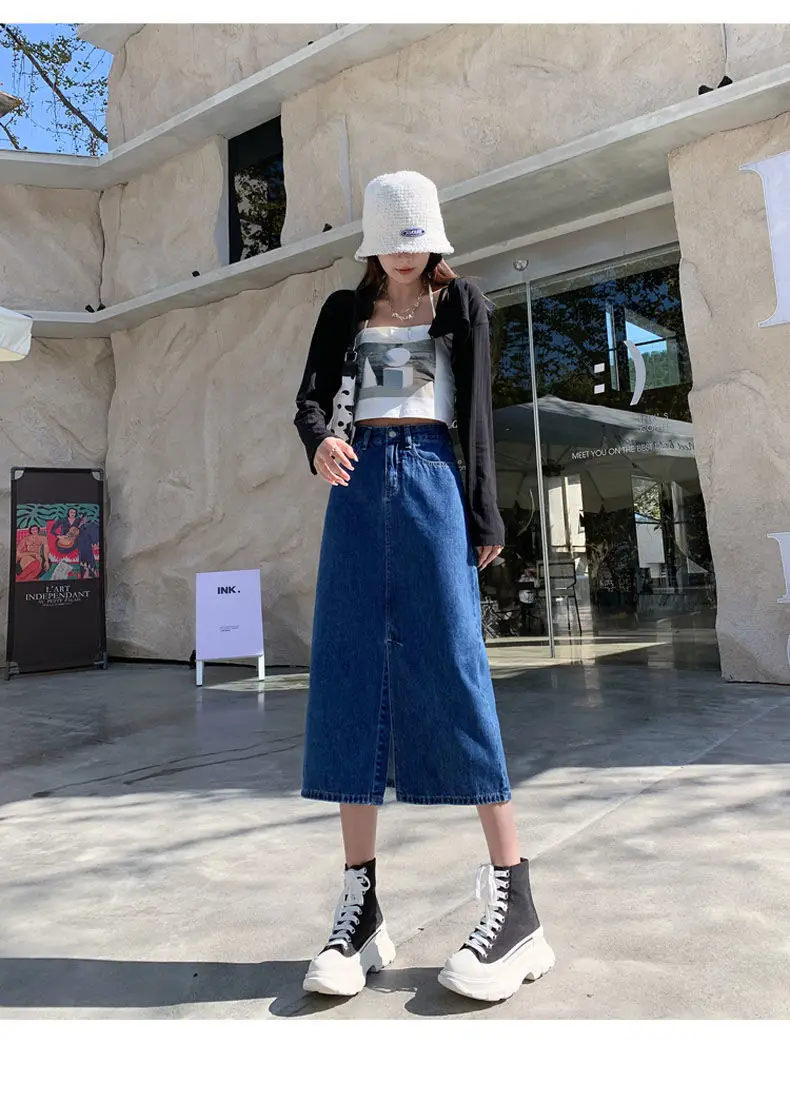 Dark Blue Denim Hip Skirt with Front Split & High Waist — feature 7