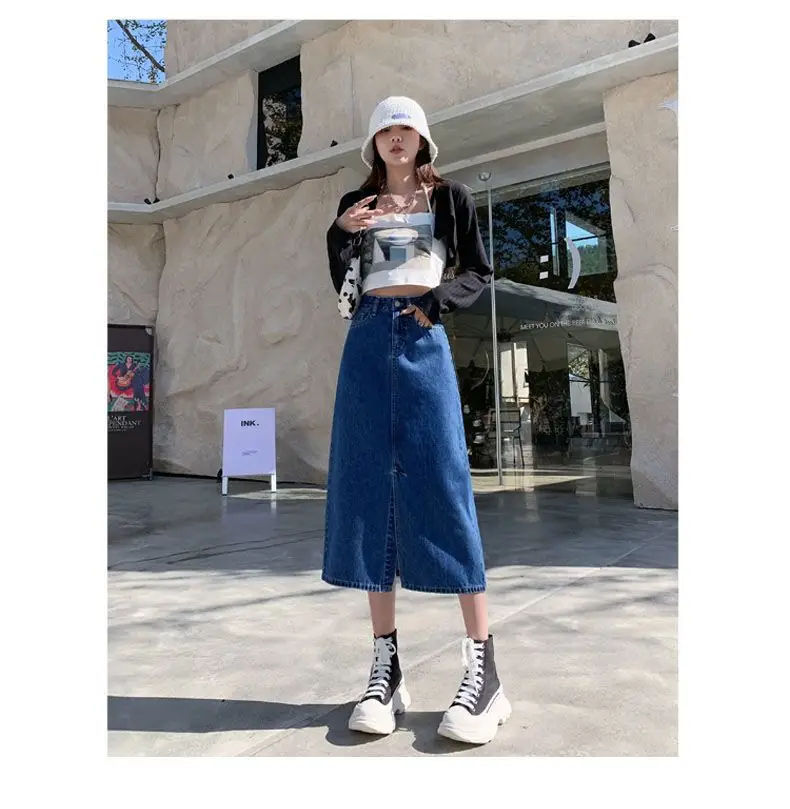 Dark Blue Denim Hip Skirt with Front Split & High Waist — feature 8