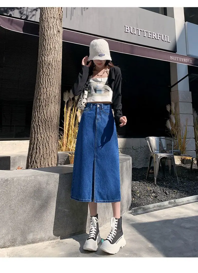 Dark Blue Denim Hip Skirt with Front Split & High Waist — feature 9