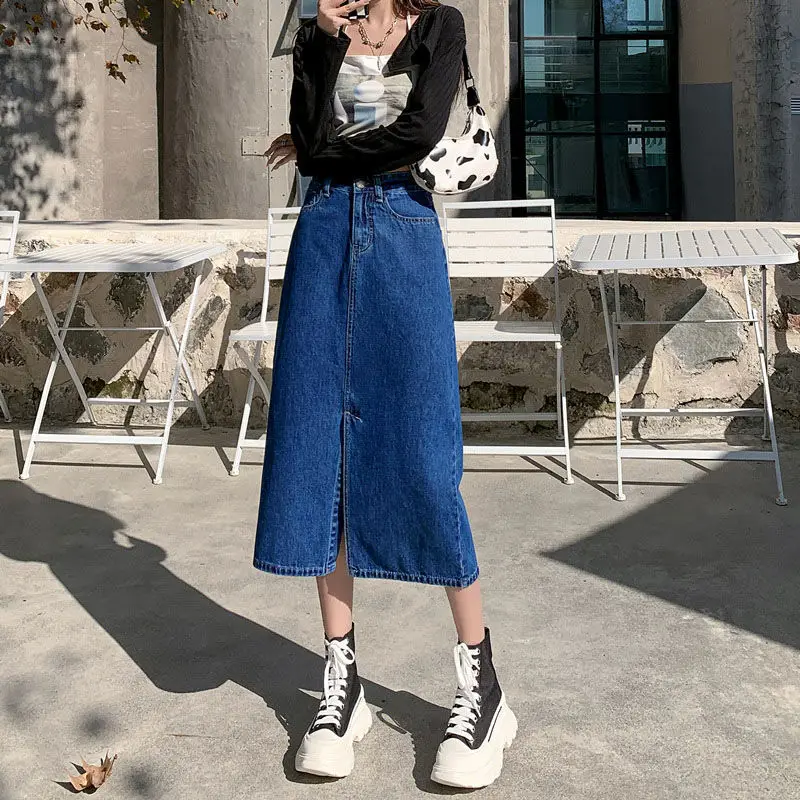 Dark Blue Denim Hip Skirt with Front Split & High Waist