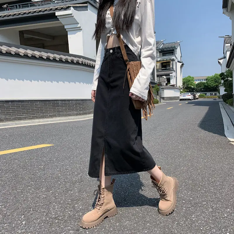 Dark Blue Denim Hip Skirt with Front Split & High Waist
