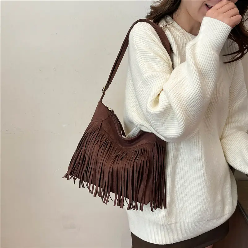 Large Cap Tassel Bag Deerskin Velvet One Shoulder - Image 6