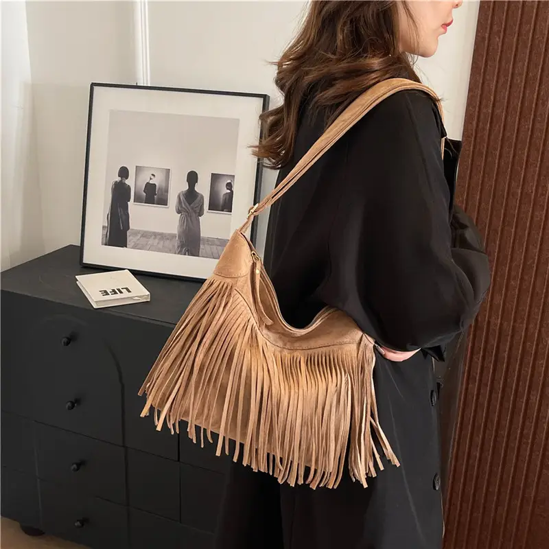 Large Cap Tassel Bag Deerskin Velvet One Shoulder - Image 7
