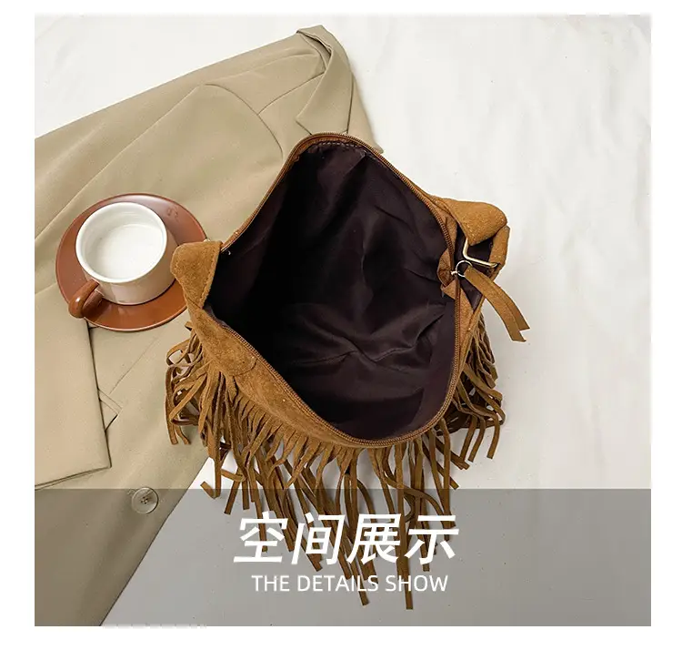 Large Cap Tassel Bag Deerskin Velvet One Shoulder — feature 10