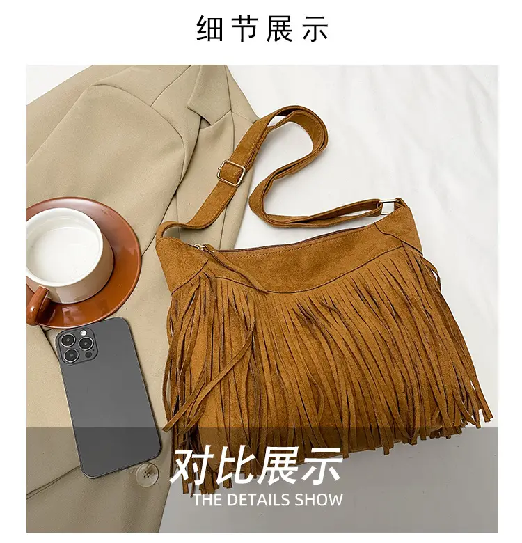 Large Cap Tassel Bag Deerskin Velvet One Shoulder — feature 11