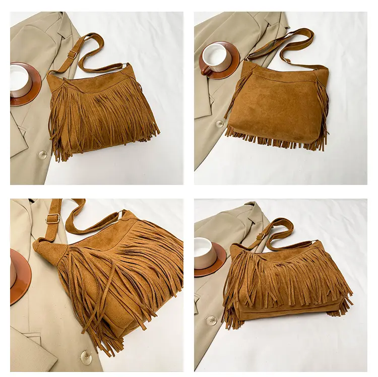 Large Cap Tassel Bag Deerskin Velvet One Shoulder — feature 12
