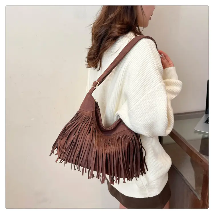 Large Cap Tassel Bag Deerskin Velvet One Shoulder — feature 13
