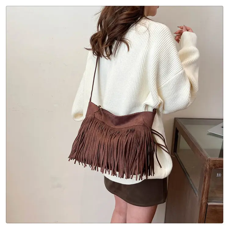 Large Cap Tassel Bag Deerskin Velvet One Shoulder — feature 14
