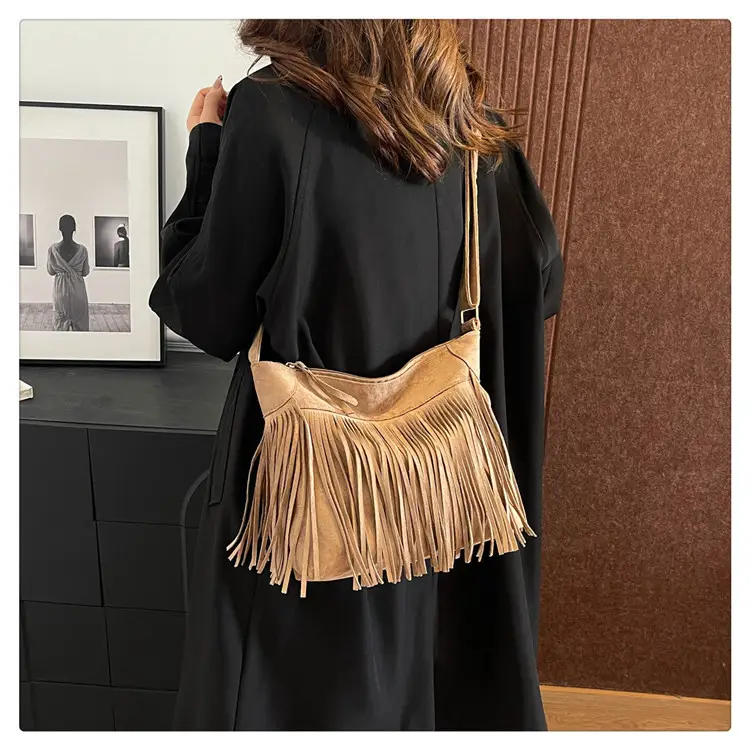Large Cap Tassel Bag Deerskin Velvet One Shoulder — feature 18