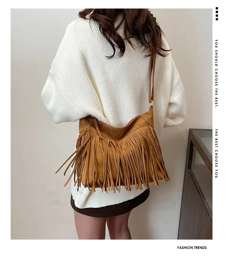 Large Cap Tassel Bag Deerskin Velvet One Shoulder — feature 2
