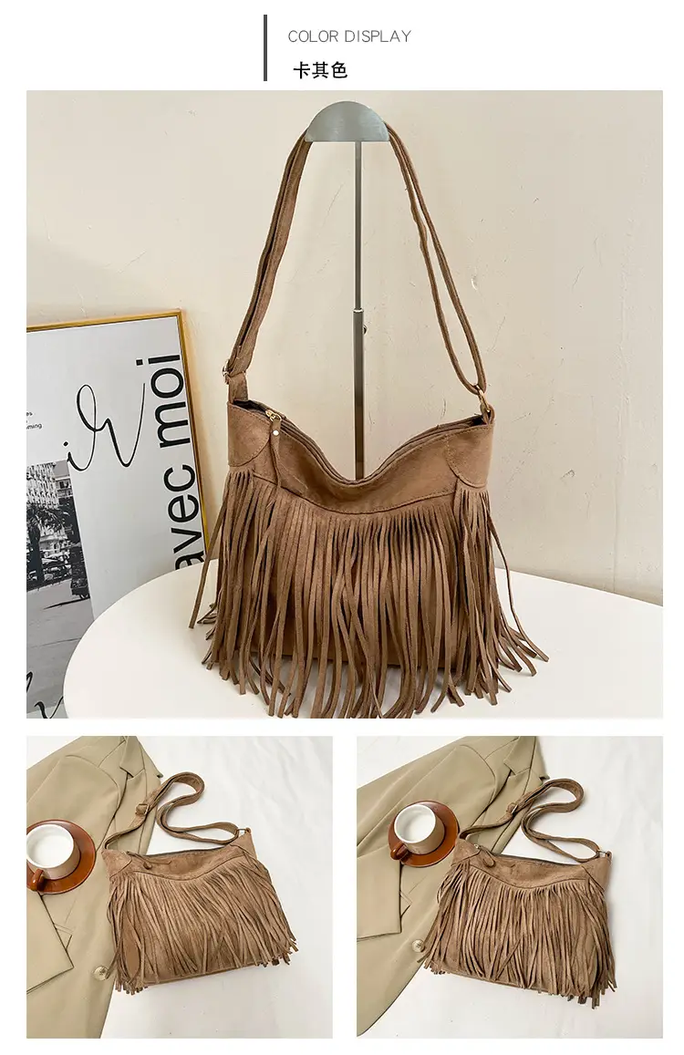 Large Cap Tassel Bag Deerskin Velvet One Shoulder — feature 21