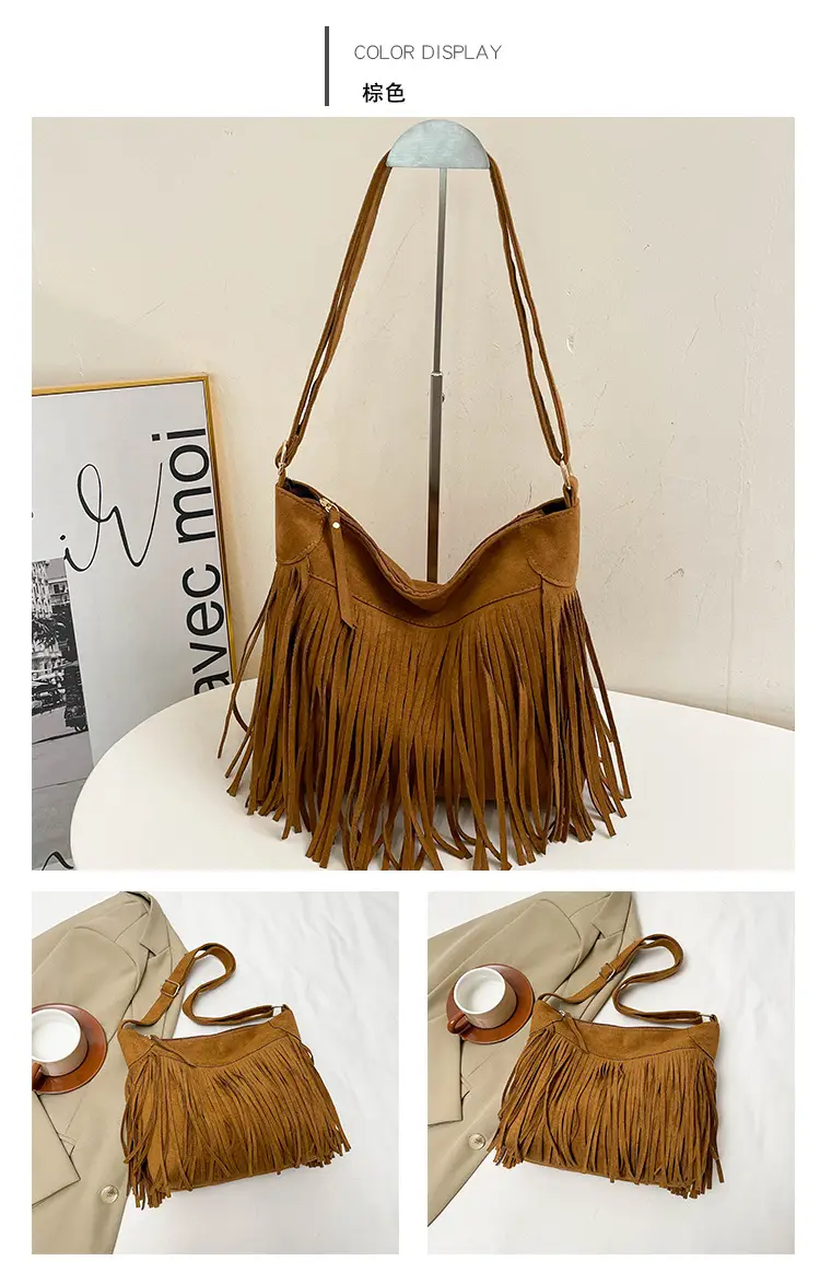 Large Cap Tassel Bag Deerskin Velvet One Shoulder — feature 24