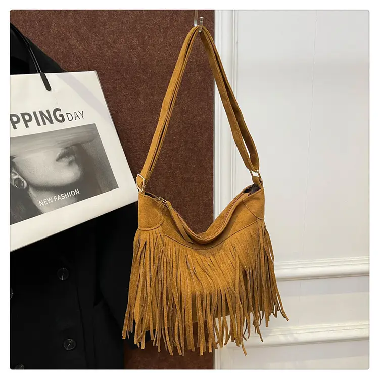 Large Cap Tassel Bag Deerskin Velvet One Shoulder — feature 28