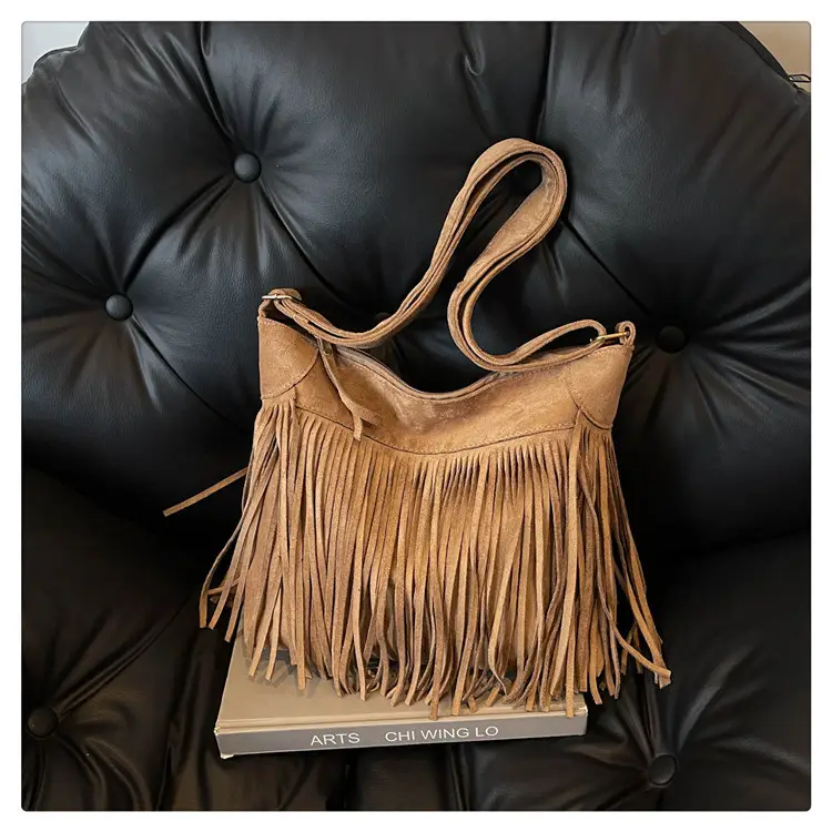 Large Cap Tassel Bag Deerskin Velvet One Shoulder — feature 29