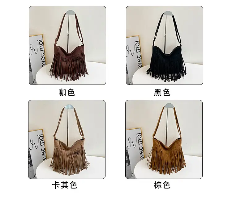 Large Cap Tassel Bag Deerskin Velvet One Shoulder — feature 4